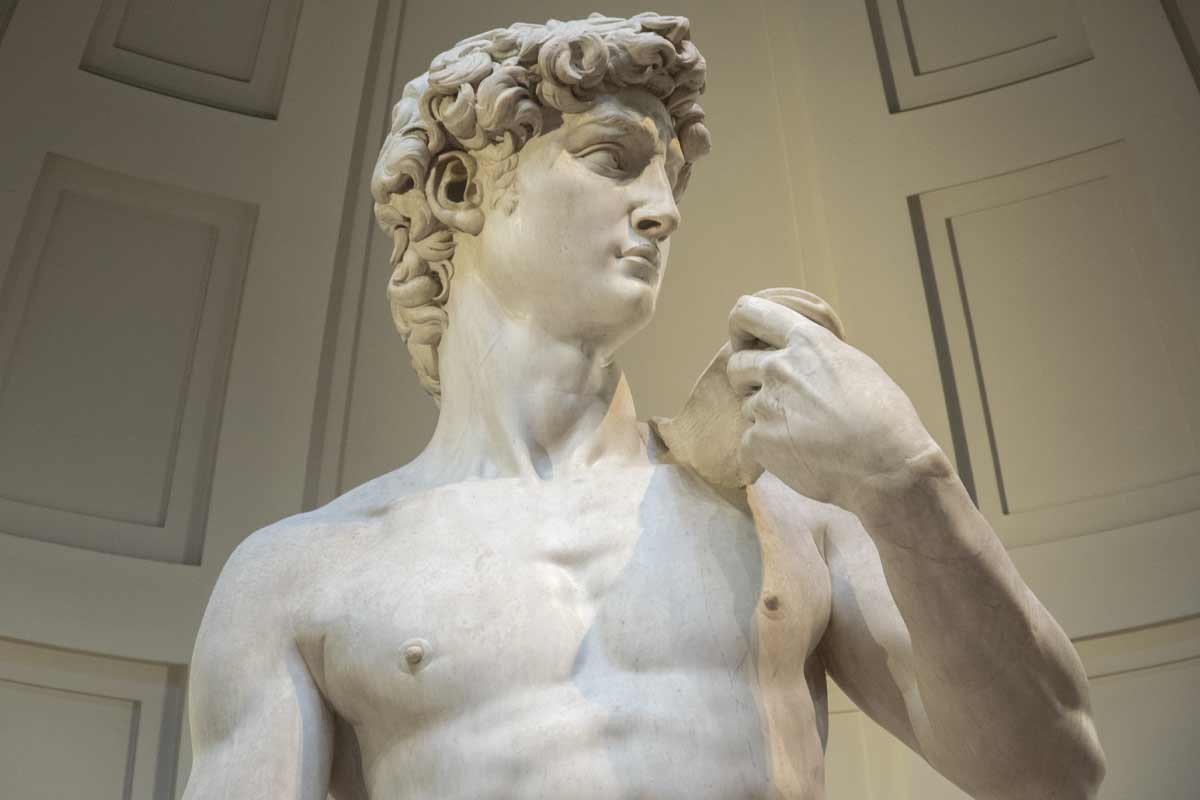 Close-up of David's intense gaze and facial expression showing Michelangelo's sculptural mastery