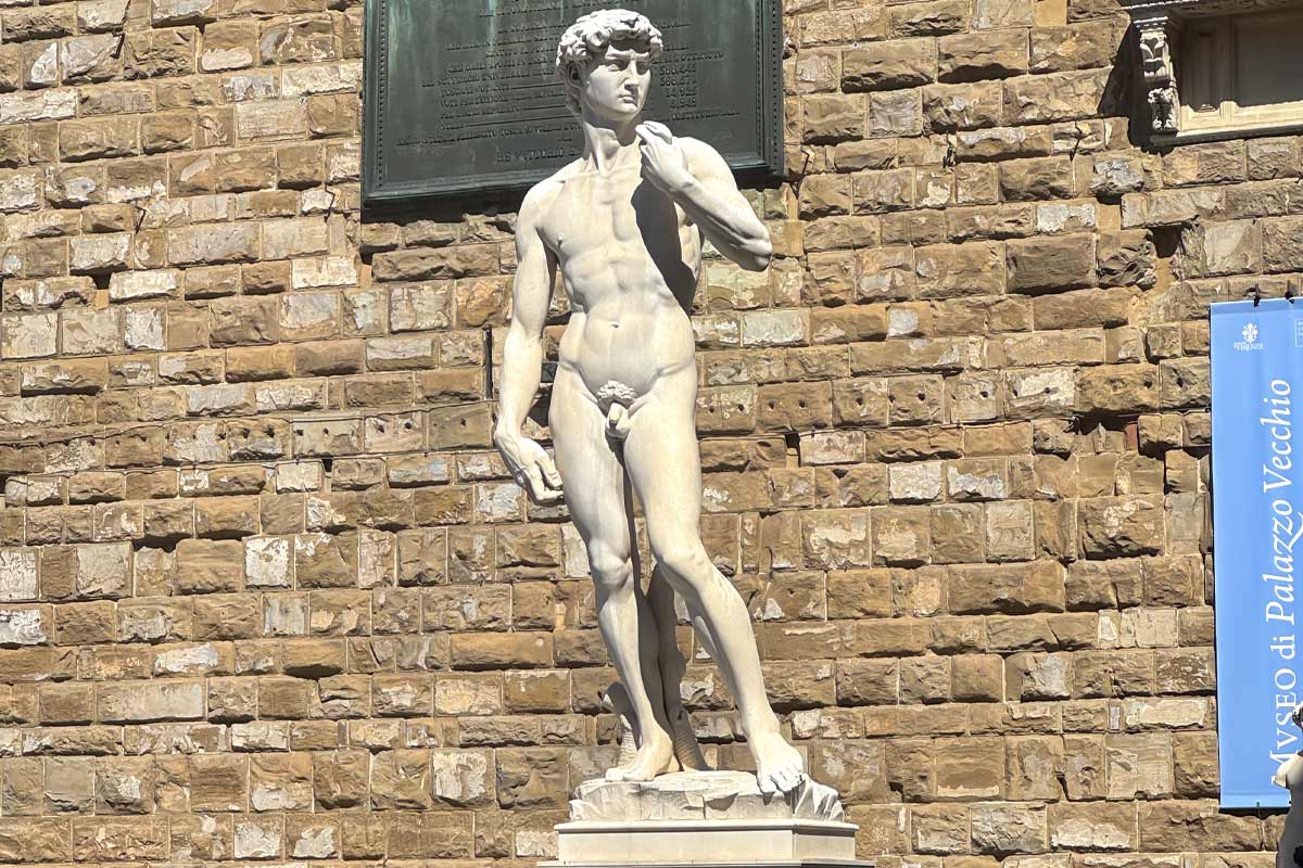 David replica statue at original location Piazza della Signoria Florence